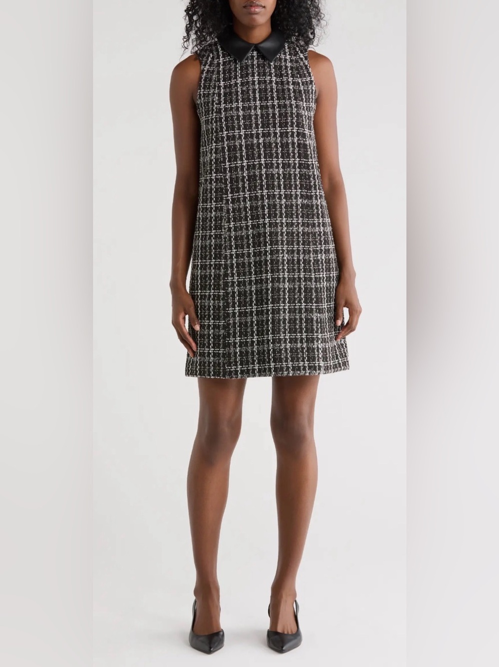 Calvin Klein Tweed Dress 6 Faux Leather Collar Dark Academia Goth Mod Office